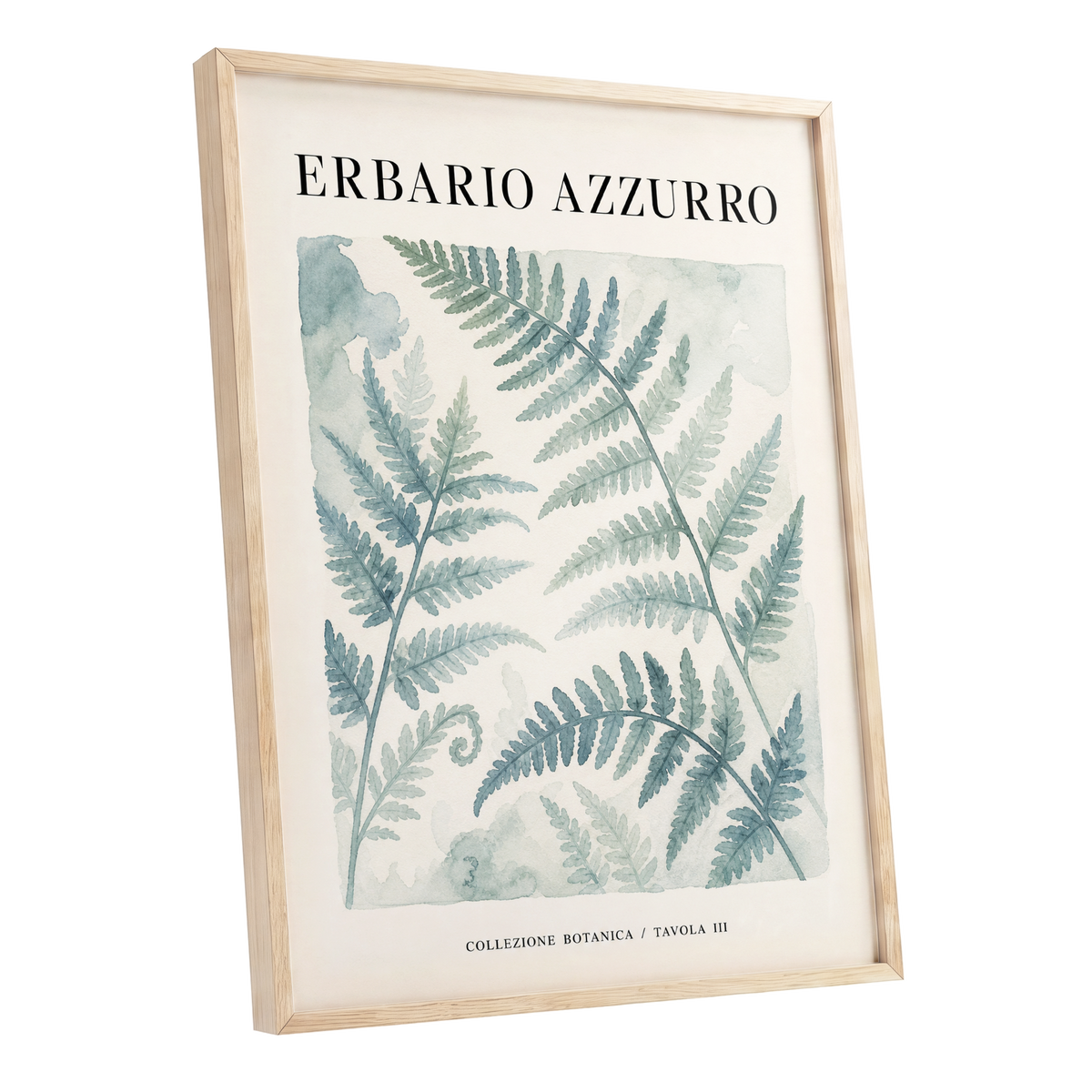 Azzurro Fern Study, blue, green, beige nature wall art shown as a oak framed poster wall art print