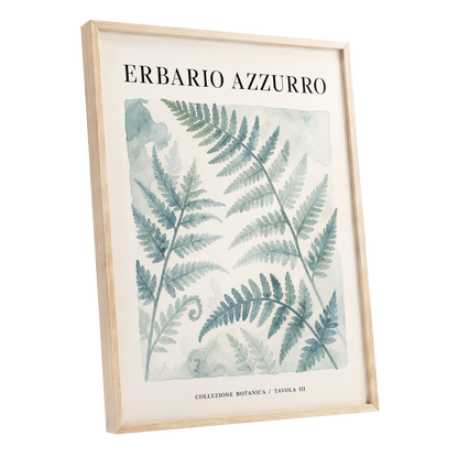 Azzurro Fern Study, blue, green, beige nature wall art shown as a oak framed poster wall art print