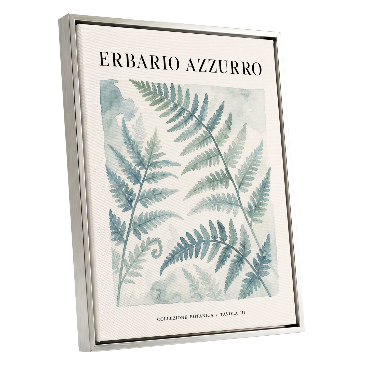 Azzurro Fern Study, blue, green, beige nature wall art shown as a silver framed canvas wall art