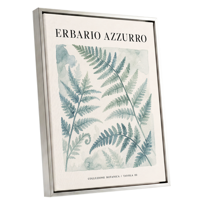 Azzurro Fern Study, blue, green, beige nature wall art shown as a silver framed canvas wall art