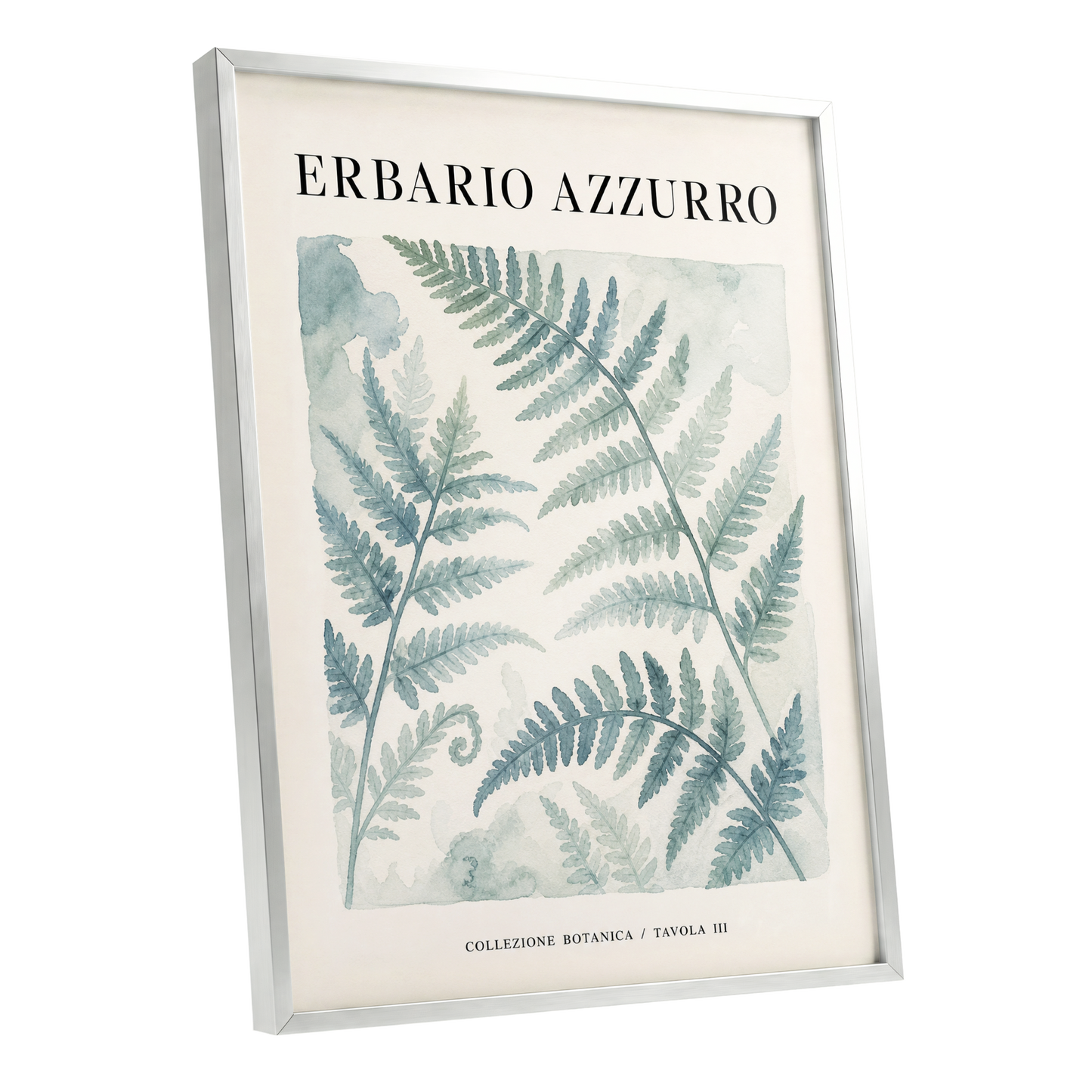 Azzurro Fern Study, blue, green, beige nature wall art shown as a silver framed poster wall art print