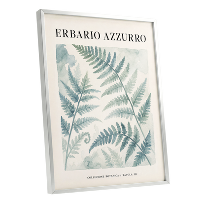 Azzurro Fern Study, blue, green, beige nature wall art shown as a silver framed poster wall art print