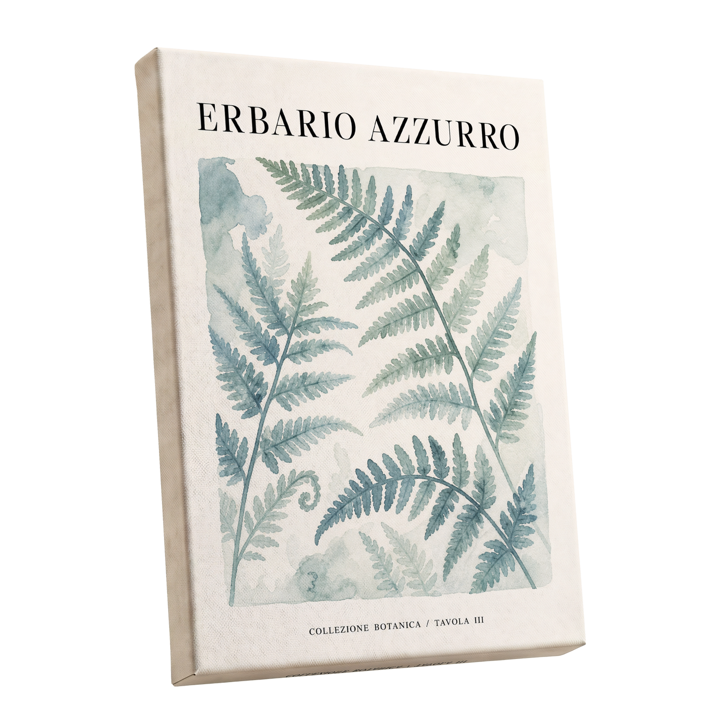 Azzurro Fern Study, blue, green, beige nature wall art shown as a stretched canvas wall art