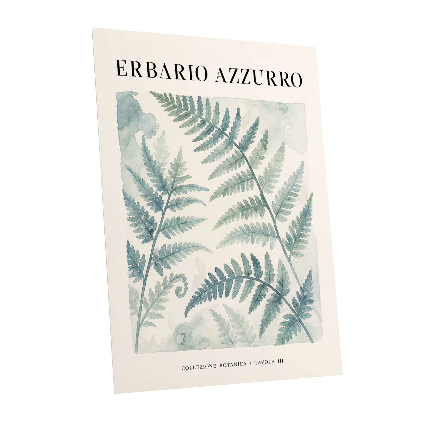 Azzurro Fern Study, blue, green, beige nature wall art shown as a unframed poster wall art print