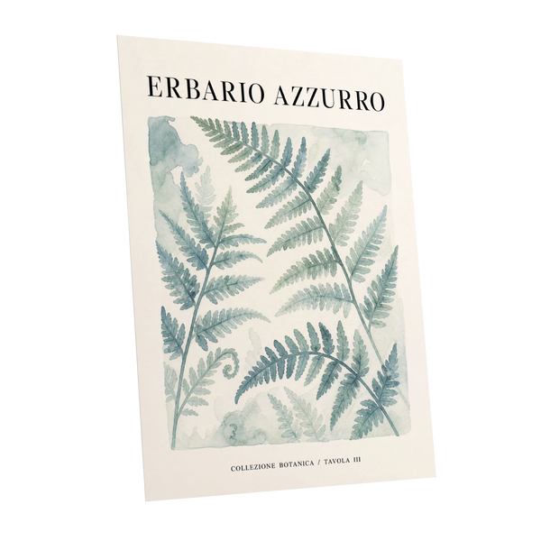 Azzurro Fern Study, blue, green, beige nature wall art shown as a unframed poster wall art print