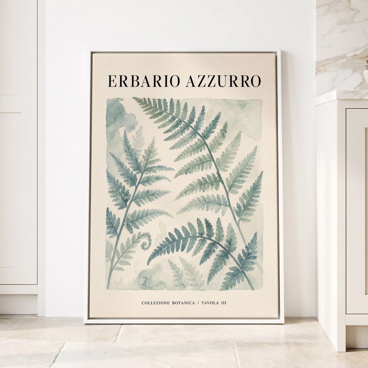 Azzurro Fern Study, blue, green, beige nature wall art displayed in a styled interior, gallery view 1