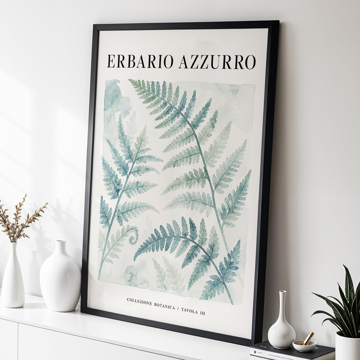 Azzurro Fern Study, blue, green, beige nature wall art displayed in a styled interior, gallery view 3