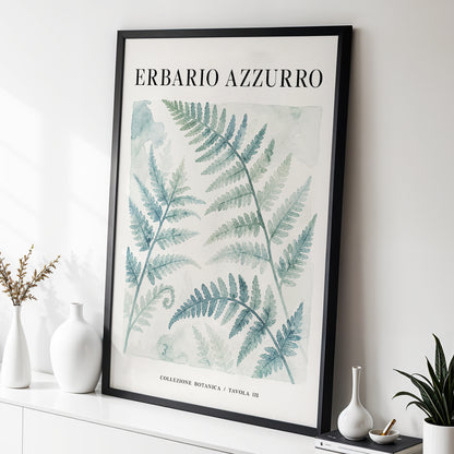 Azzurro Fern Study, blue, green, beige nature wall art displayed in a styled interior, gallery view 3