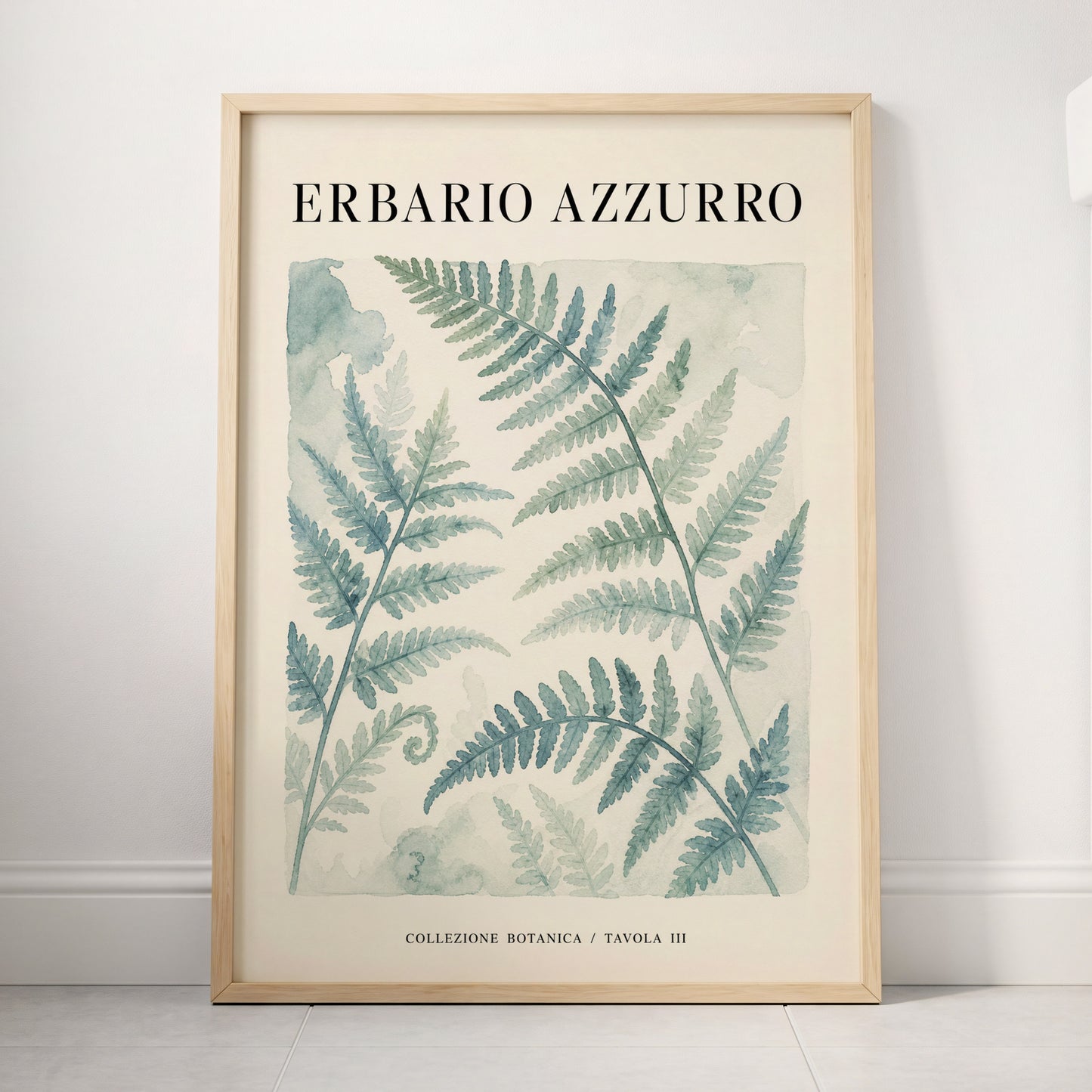 Azzurro Fern Study, blue, green, beige nature wall art displayed in a styled interior, gallery view 4
