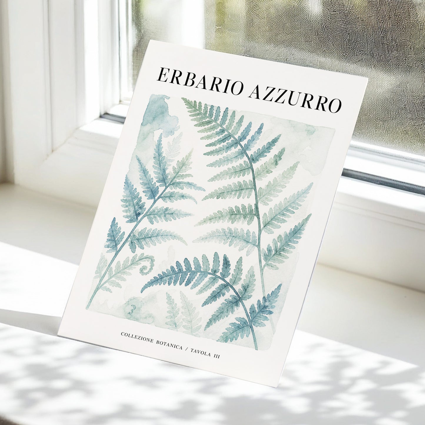 Azzurro Fern Study, blue, green, beige nature wall art displayed in a styled interior, gallery view 5