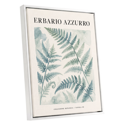 Azzurro Fern Study, blue, green, beige nature wall art shown as a white framed canvas wall art