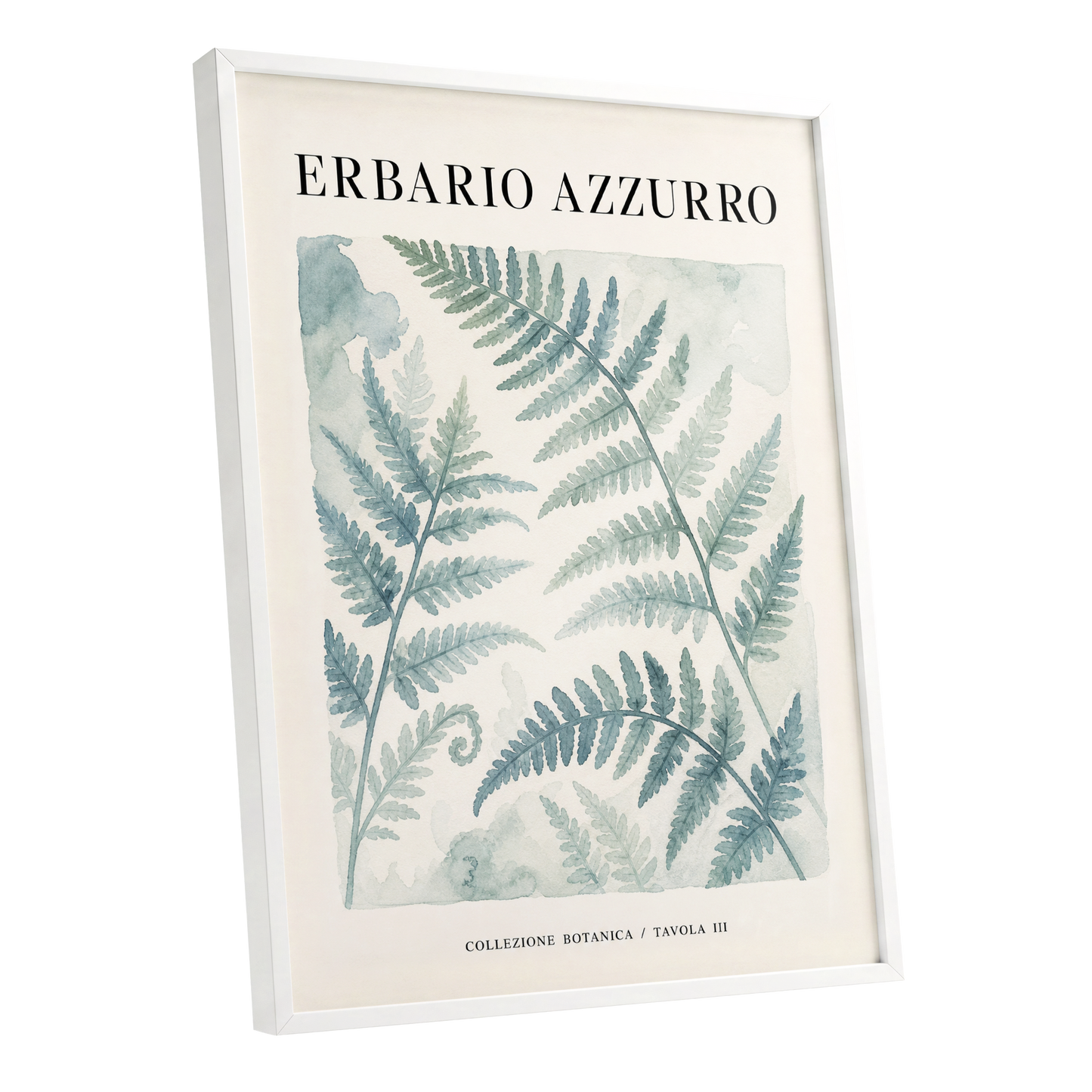 Azzurro Fern Study, blue, green, beige nature wall art shown as a white framed poster wall art print