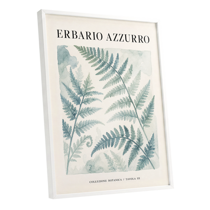 Azzurro Fern Study, blue, green, beige nature wall art shown as a white framed poster wall art print