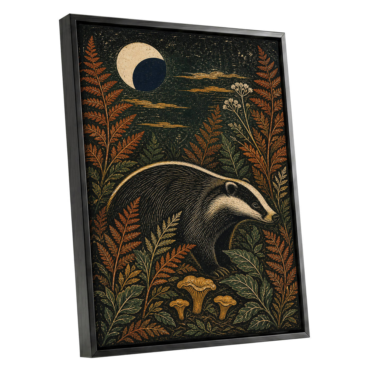 Badger After Dusk, black, beige, orange nature wall art shown as a black framed canvas wall art