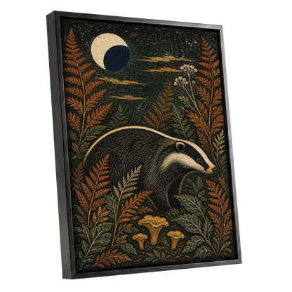 Badger After Dusk, black, beige, orange nature wall art shown as a black framed canvas wall art