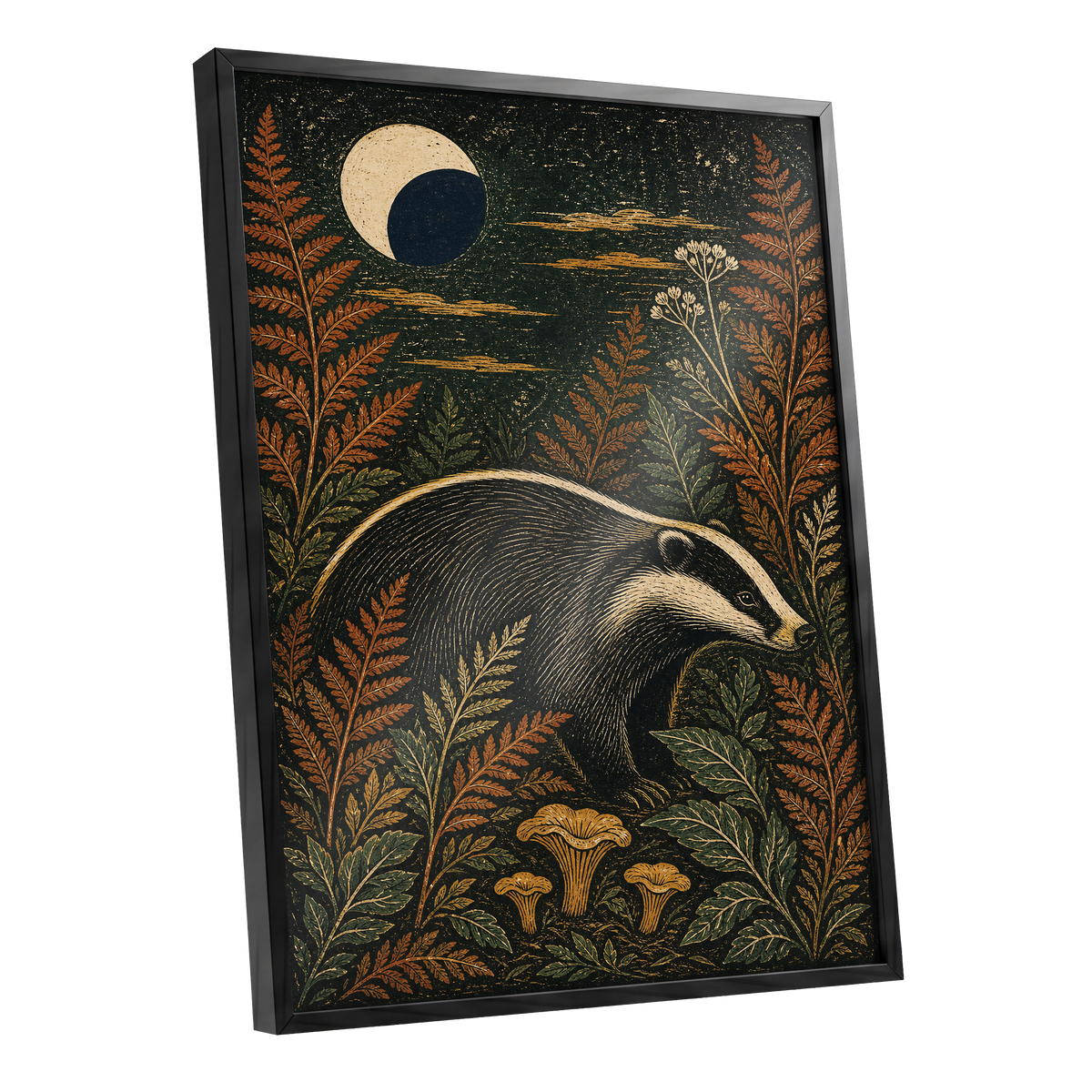 Badger After Dusk, black, beige, orange nature wall art shown as a black framed poster wall art print
