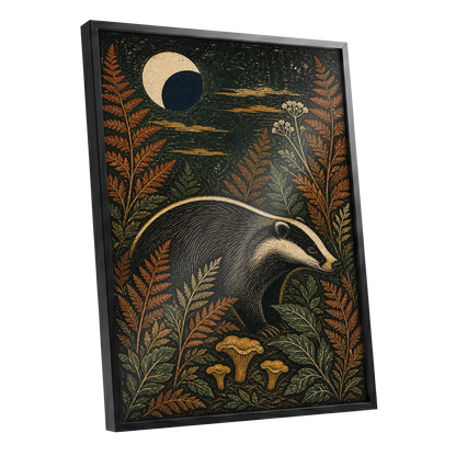 Badger After Dusk, black, beige, orange nature wall art shown as a black framed poster wall art print