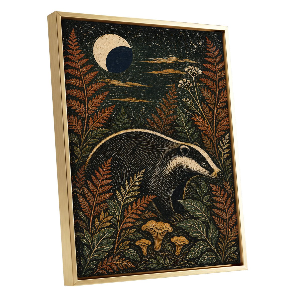 Badger After Dusk, black, beige, orange nature wall art shown as a gold framed canvas wall art