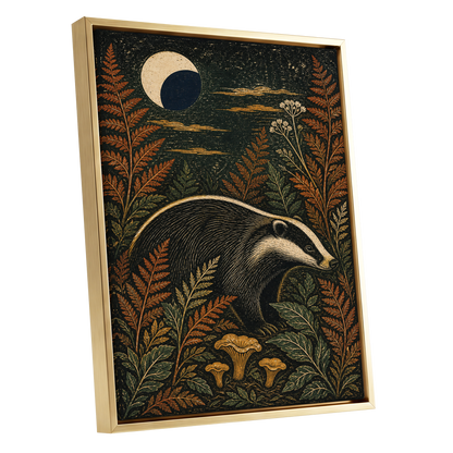 Badger After Dusk, black, beige, orange nature wall art shown as a gold framed canvas wall art