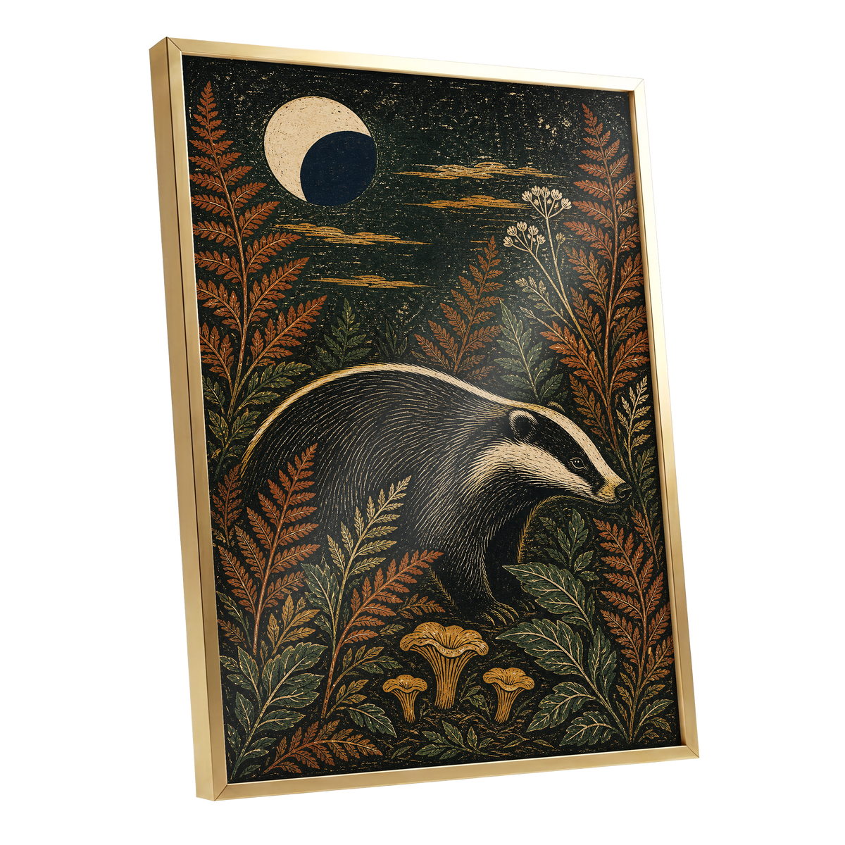 Badger After Dusk, black, beige, orange nature wall art shown as a gold framed poster wall art print