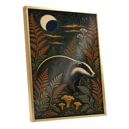 Badger After Dusk, black, beige, orange nature wall art shown as a gold framed poster wall art print