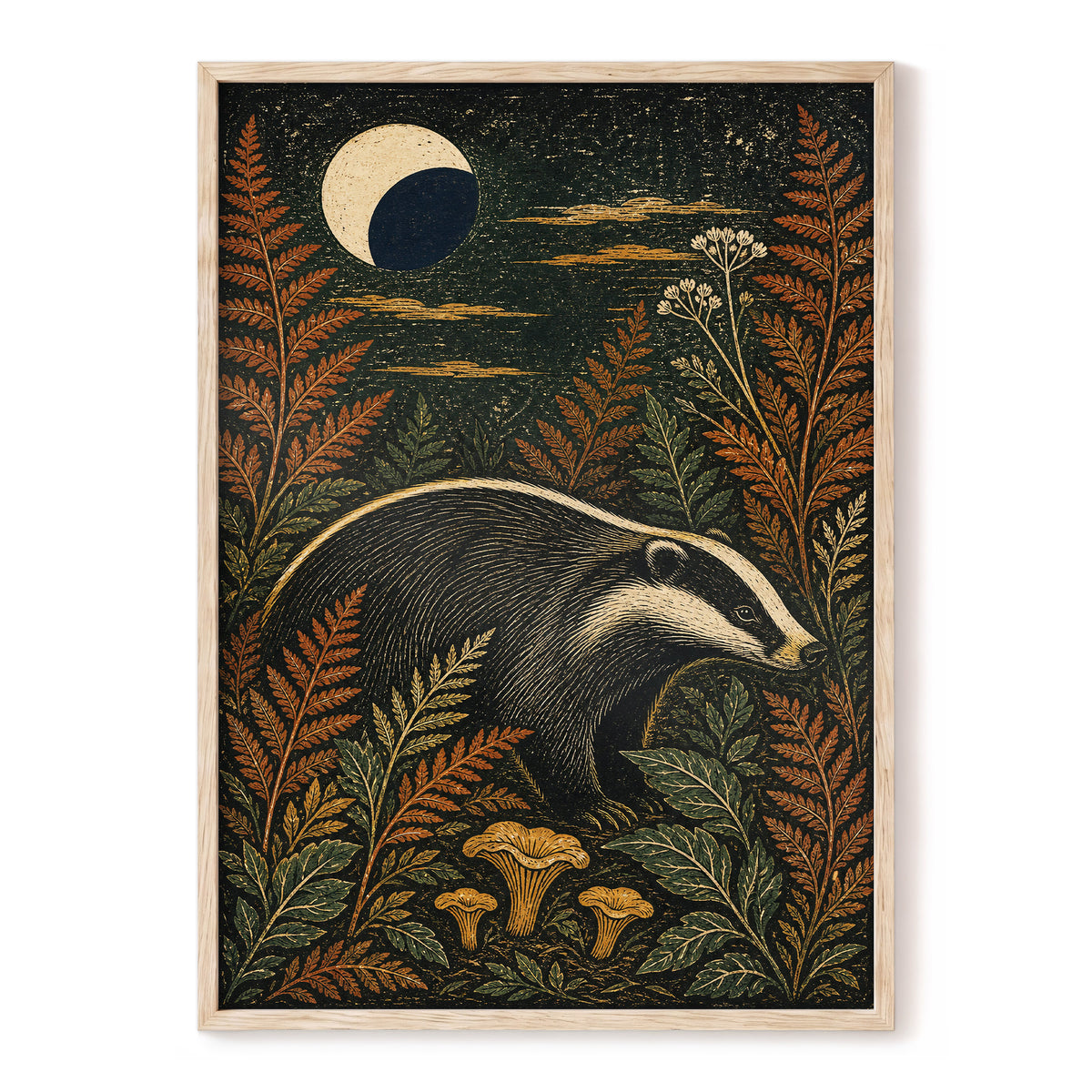 Badger After Dusk, black, beige, orange nature wall art, front artwork view