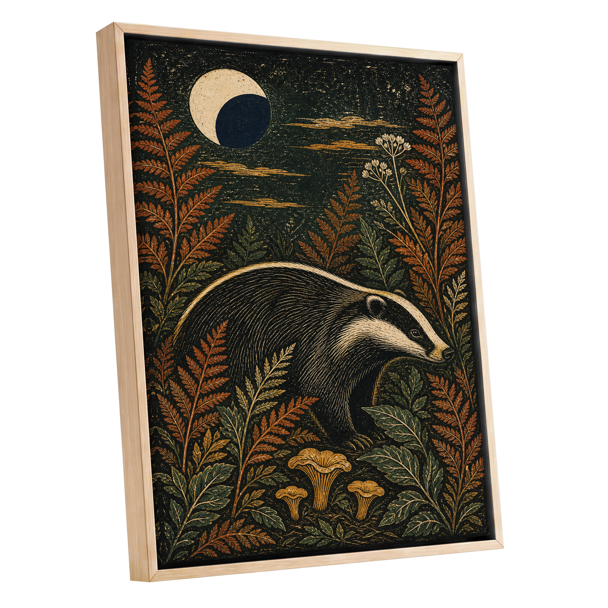 Badger After Dusk, black, beige, orange nature wall art shown as a oak framed canvas wall art