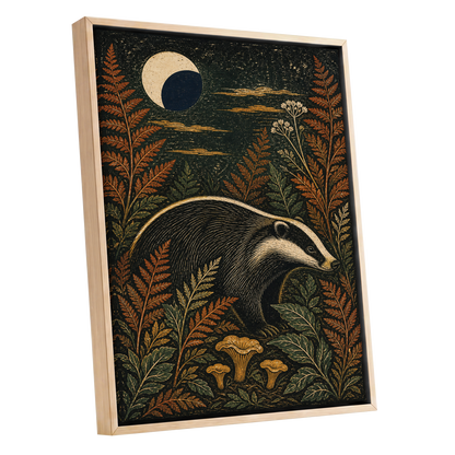 Badger After Dusk, black, beige, orange nature wall art shown as a oak framed canvas wall art