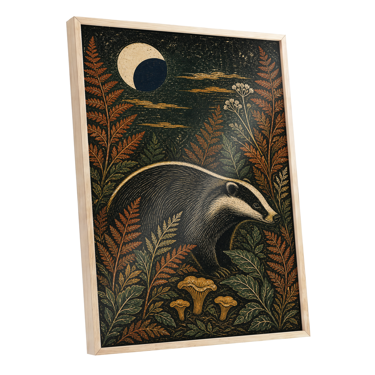 Badger After Dusk, black, beige, orange nature wall art shown as a oak framed poster wall art print