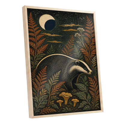 Badger After Dusk, black, beige, orange nature wall art shown as a oak framed poster wall art print