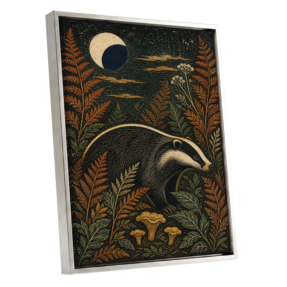 Badger After Dusk, black, beige, orange nature wall art shown as a silver framed canvas wall art
