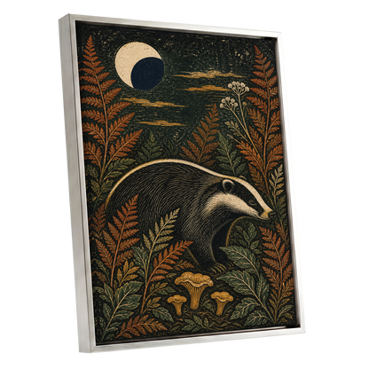 Badger After Dusk, black, beige, orange nature wall art shown as a silver framed canvas wall art