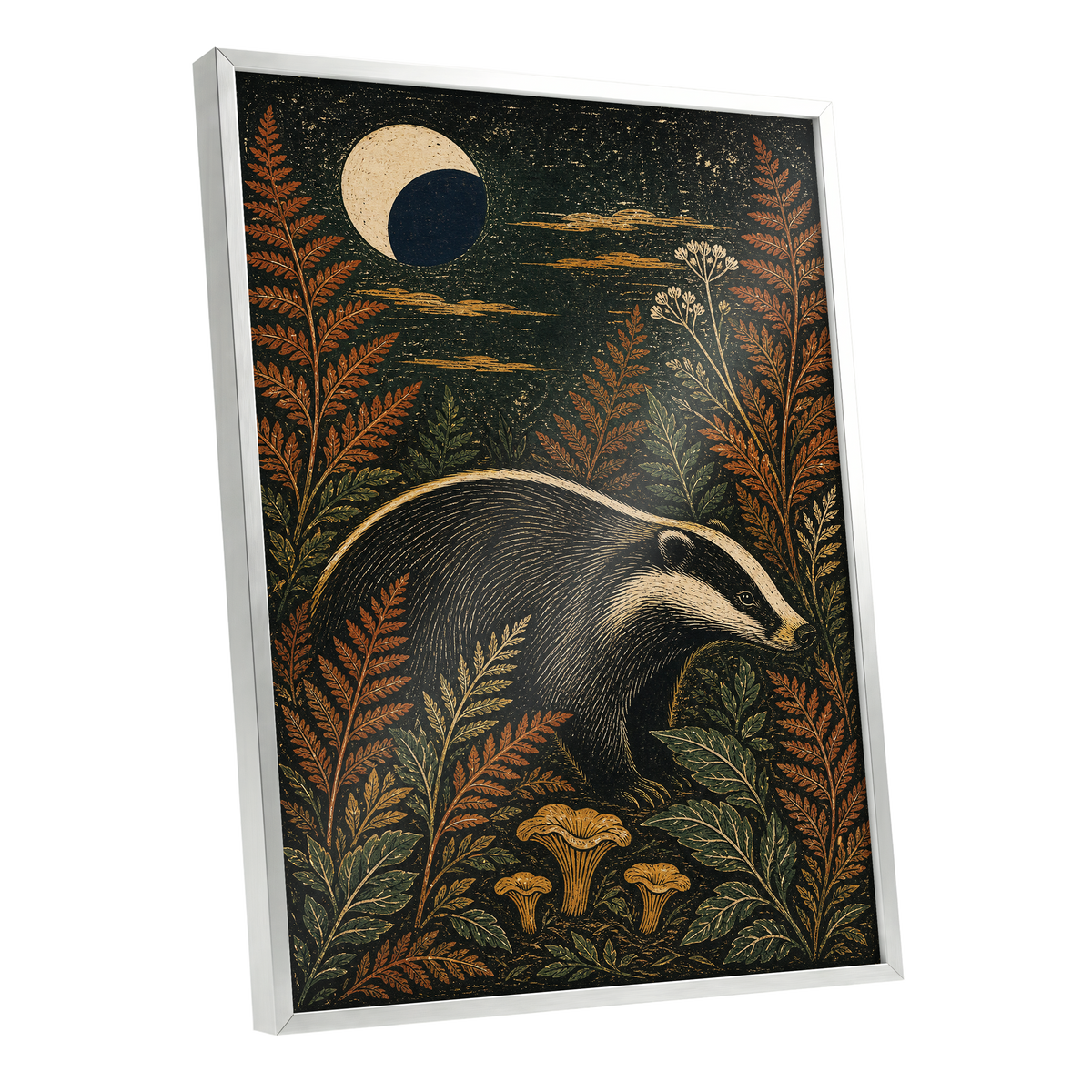 Badger After Dusk, black, beige, orange nature wall art shown as a silver framed poster wall art print