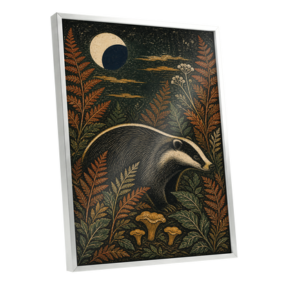 Badger After Dusk, black, beige, orange nature wall art shown as a silver framed poster wall art print