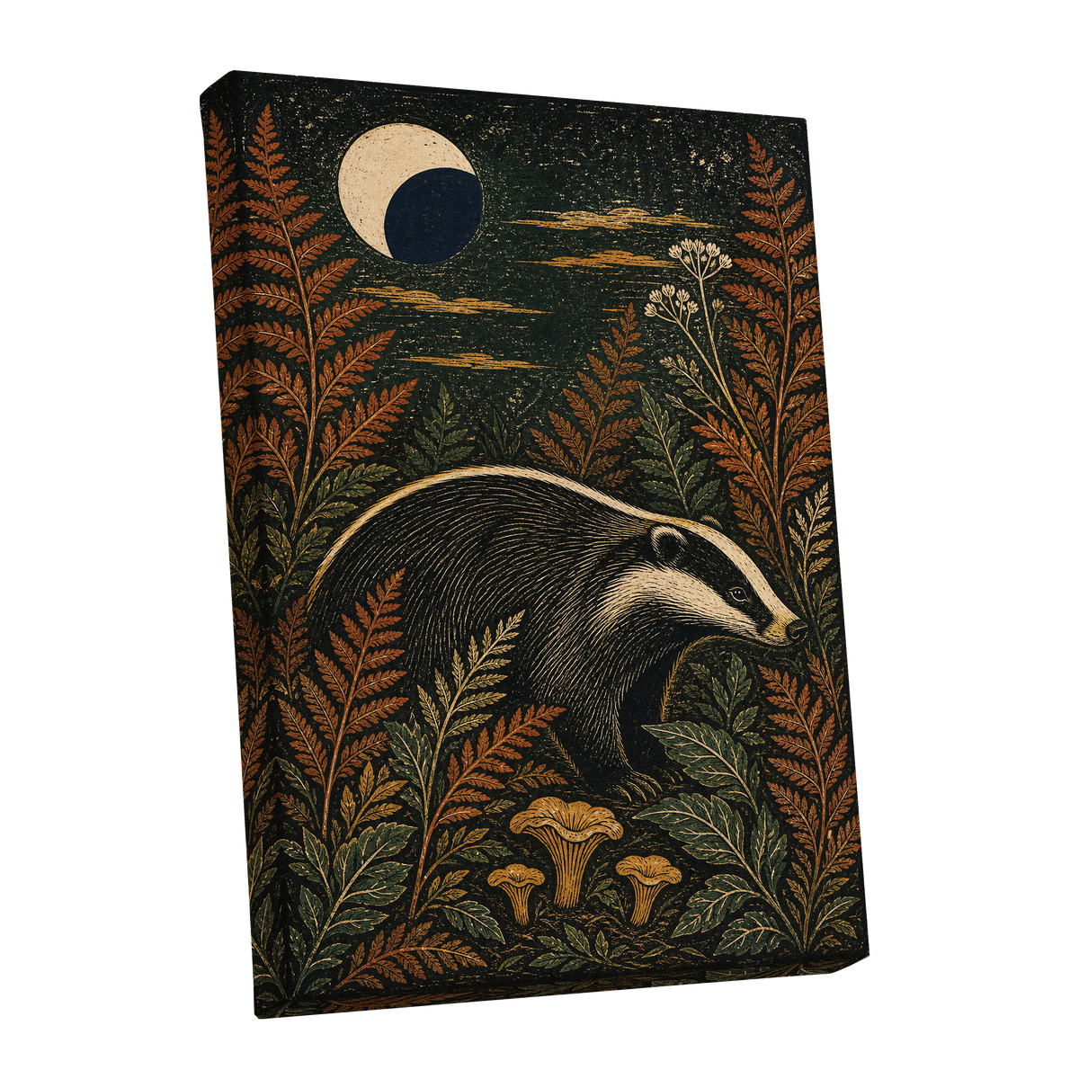 Badger After Dusk, black, beige, orange nature wall art shown as a stretched canvas wall art