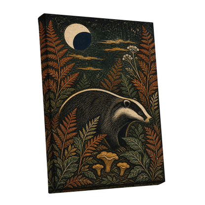 Badger After Dusk, black, beige, orange nature wall art shown as a stretched canvas wall art