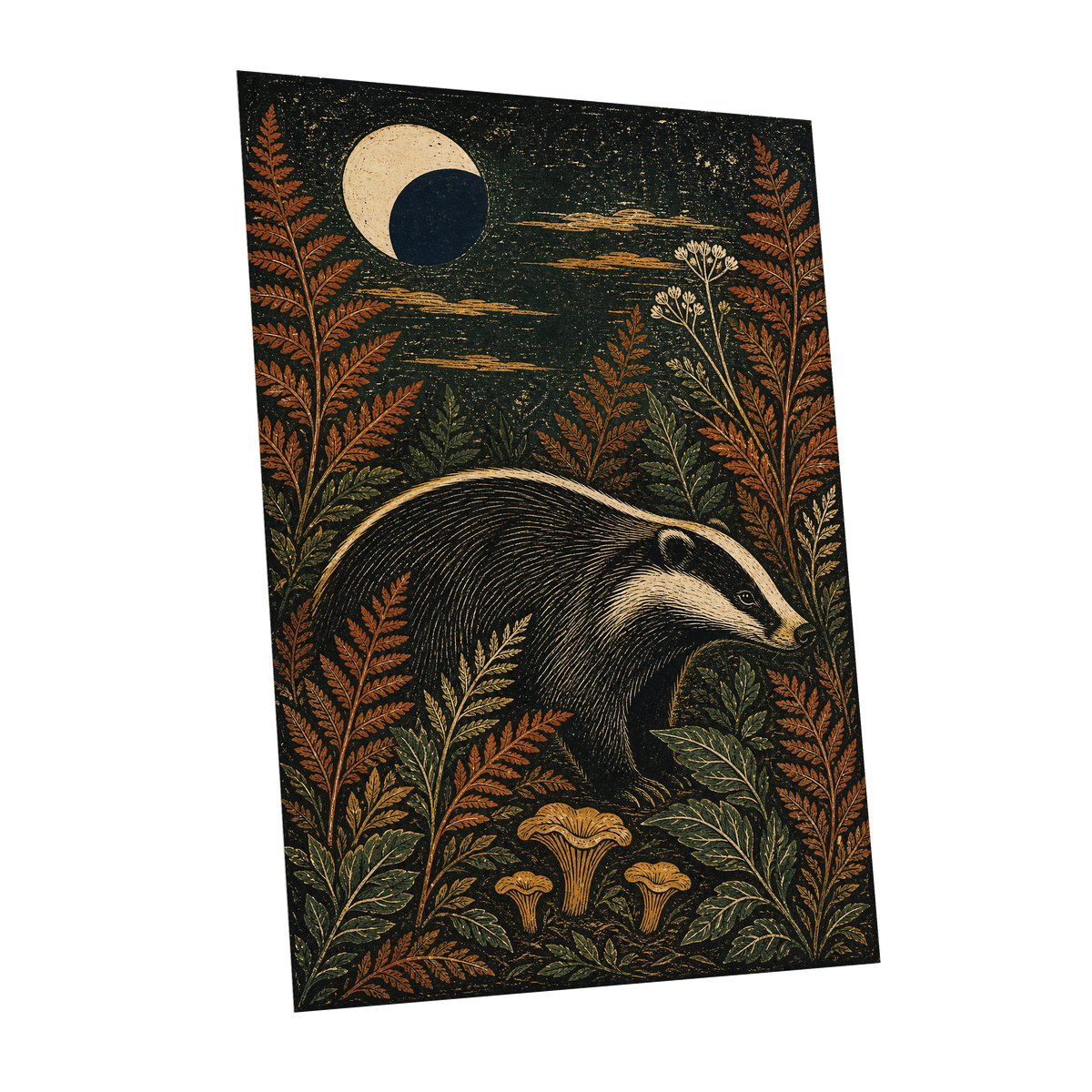 Badger After Dusk, black, beige, orange nature wall art shown as a unframed poster wall art print