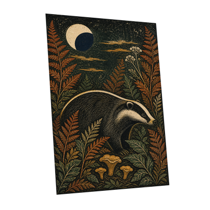 Badger After Dusk, black, beige, orange nature wall art shown as a unframed poster wall art print