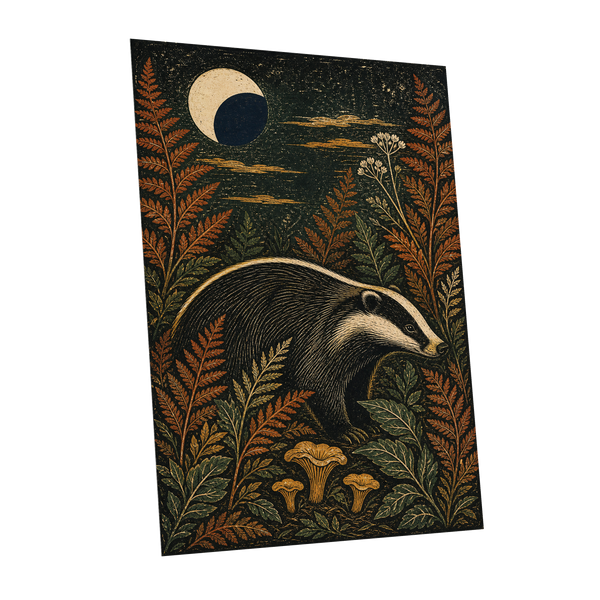 Badger After Dusk, black, beige, orange nature wall art shown as a unframed poster wall art print