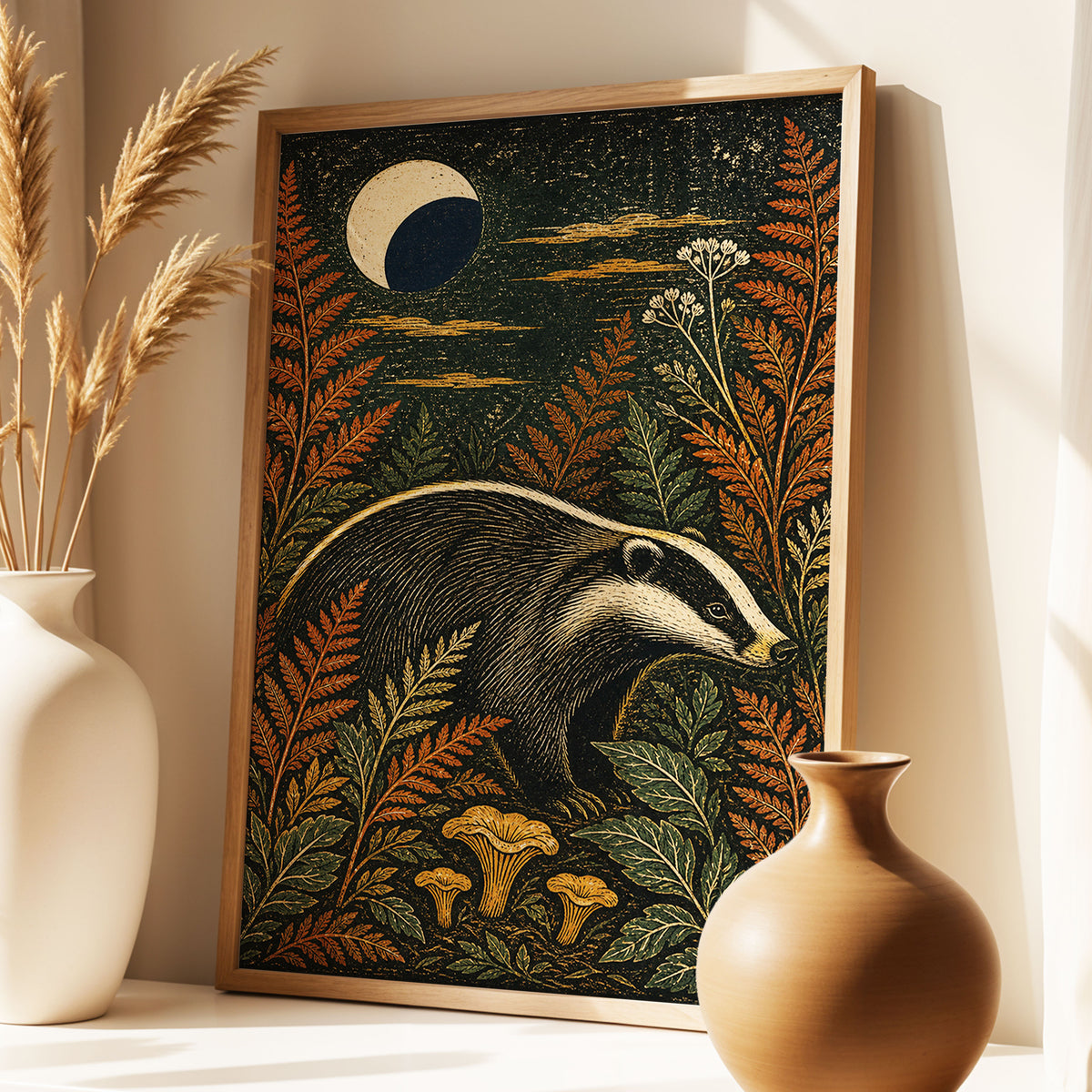 Badger After Dusk, black, beige, orange nature wall art displayed in a styled interior, gallery view 2