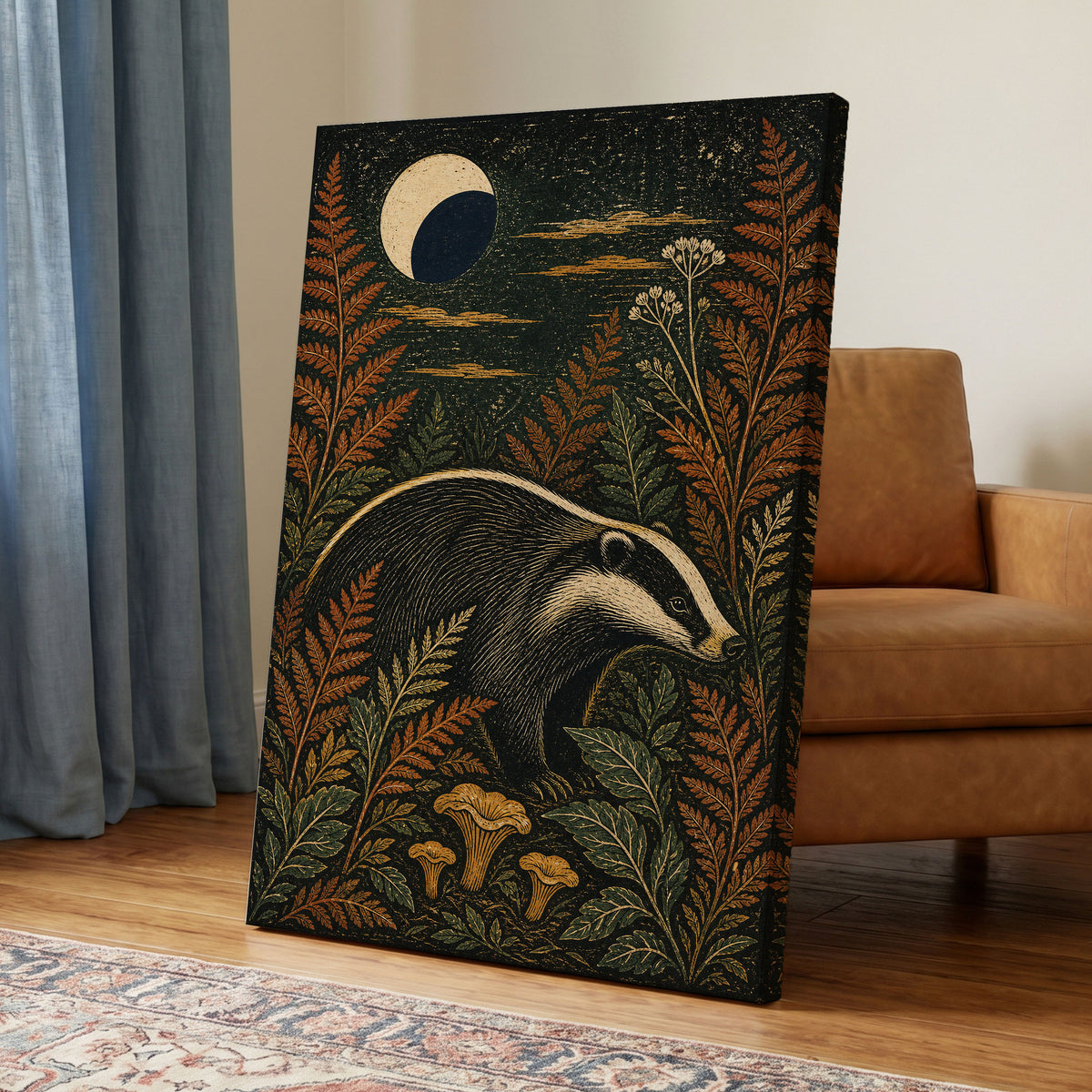 Badger After Dusk, black, beige, orange nature wall art displayed in a styled interior, gallery view 3
