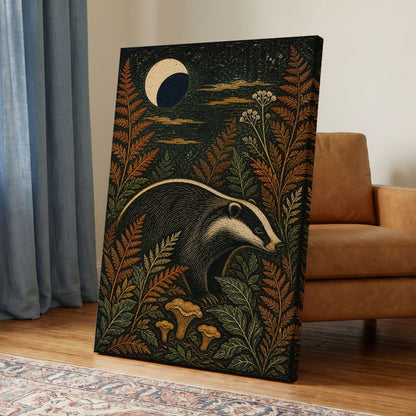 Badger After Dusk, black, beige, orange nature wall art displayed in a styled interior, gallery view 3
