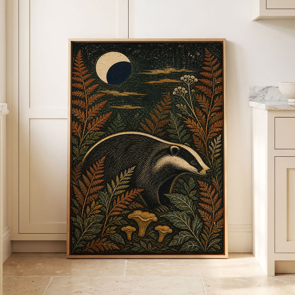 Badger After Dusk, black, beige, orange nature wall art displayed in a styled interior, gallery view 4