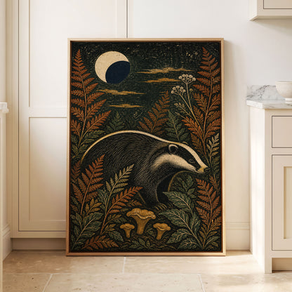 Badger After Dusk, black, beige, orange nature wall art displayed in a styled interior, gallery view 4