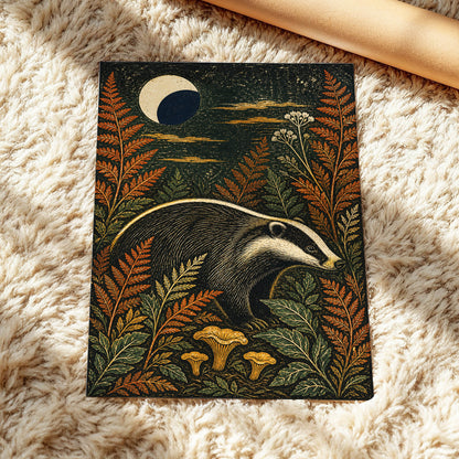 Badger After Dusk, black, beige, orange nature wall art displayed in a styled interior, gallery view 5