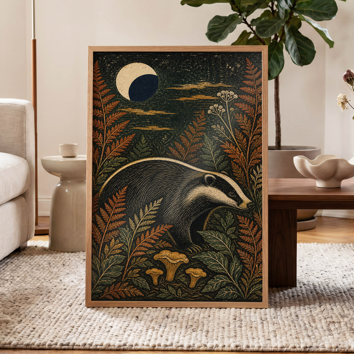 Badger After Dusk, black, beige, orange nature wall art displayed in a styled interior, gallery view 6