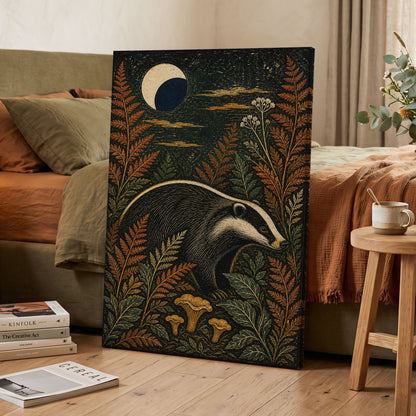 Badger After Dusk, black, beige, orange nature wall art displayed in a styled interior, gallery view 7