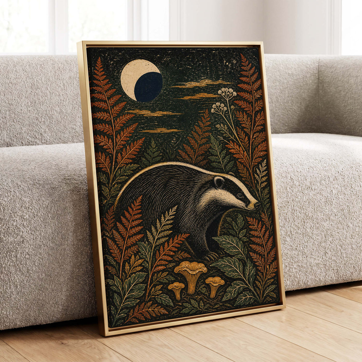 Badger After Dusk, black, beige, orange nature wall art displayed in a styled interior, gallery view 8