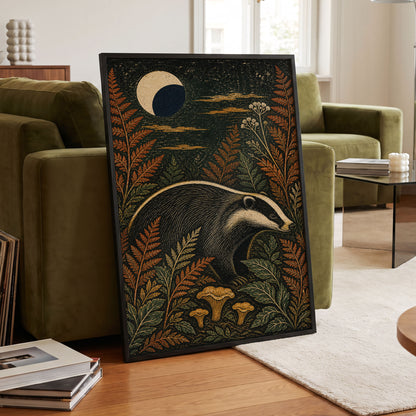 Badger After Dusk, black, beige, orange nature wall art displayed in a styled interior, gallery view 9