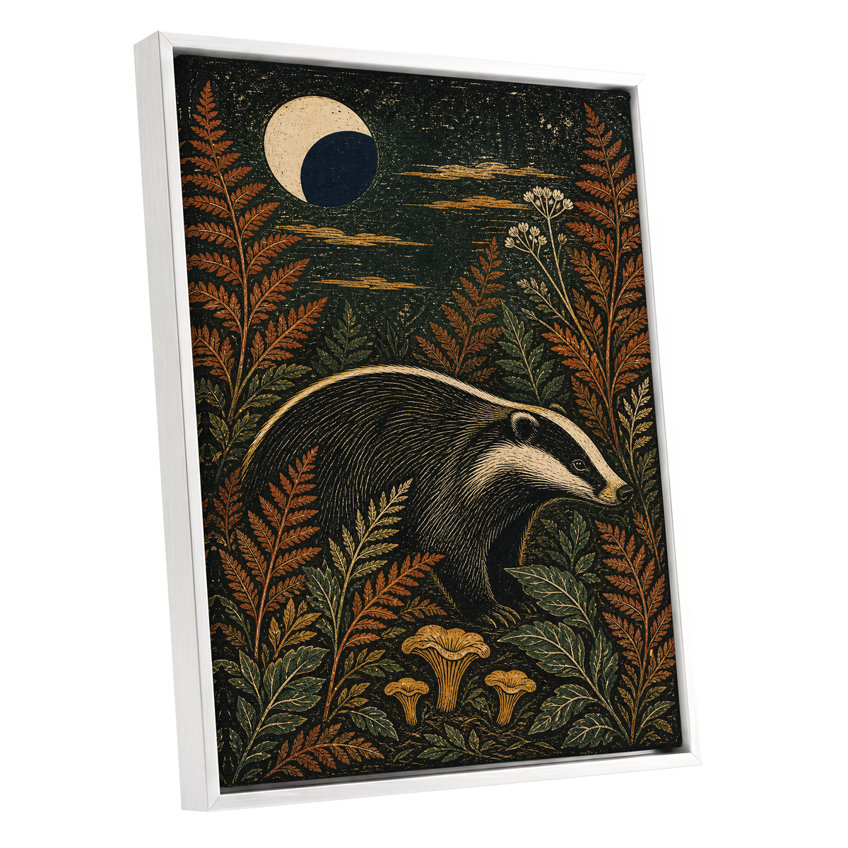 Badger After Dusk, black, beige, orange nature wall art shown as a white framed canvas wall art